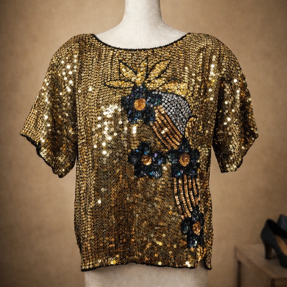 Vintage 80s Silk Gold Sequin Beaded Party Top Jewel Queen Black Floral L